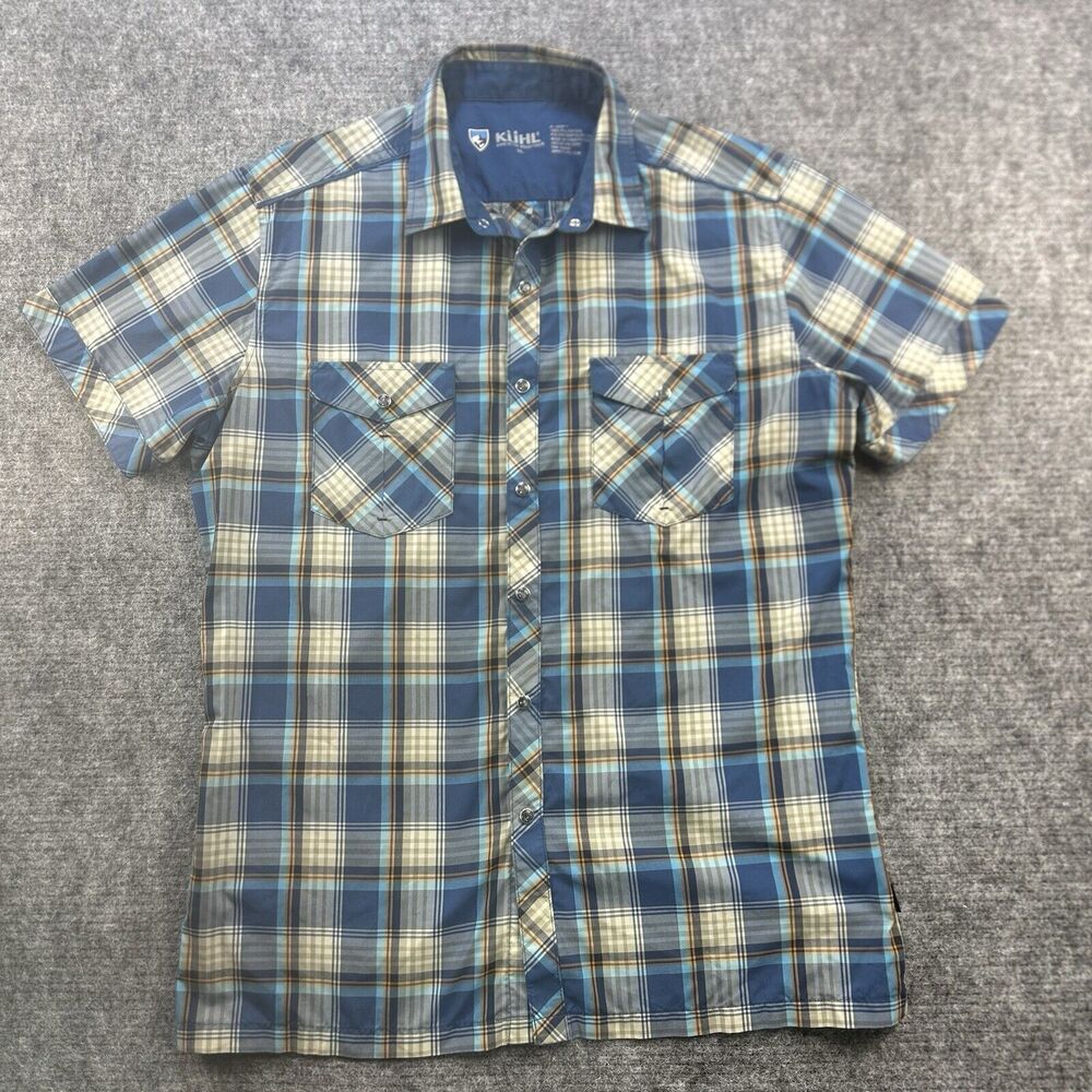 Kuhl Shirt Men Medium Blue Plaid Lightweight Quick Dry Stretch Hiking Snap
